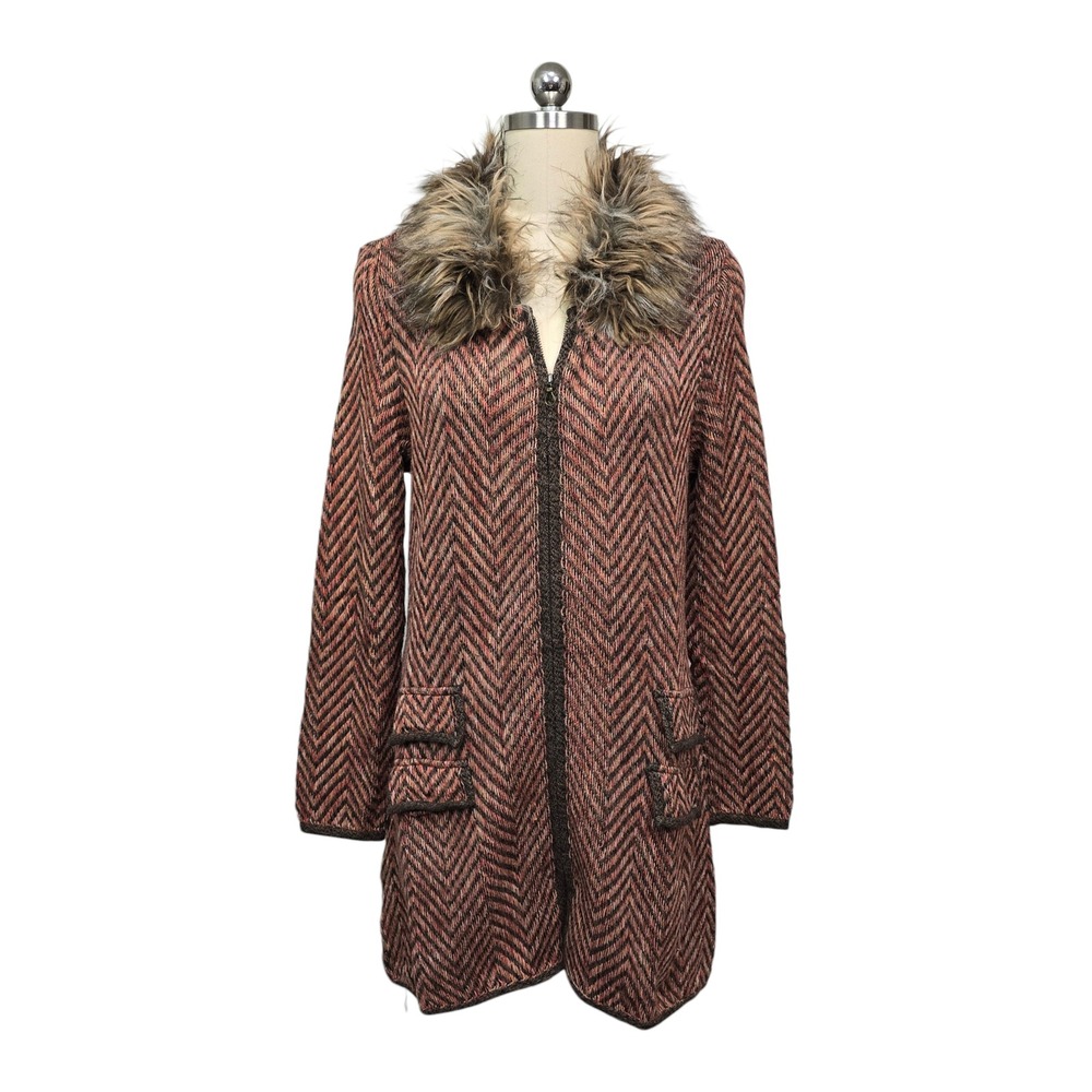 NIC+ZOE Herringbone Zip Front Faux‎ Fur Collar Cardigan Sweater Coat Size Large